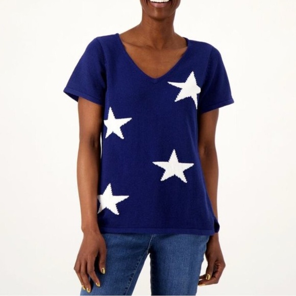 Belle by Kim Gravel Tops - Belle by Kim Gravel Women’s Navy Blue Knit Star Short Sleeve Sweater Top Size S